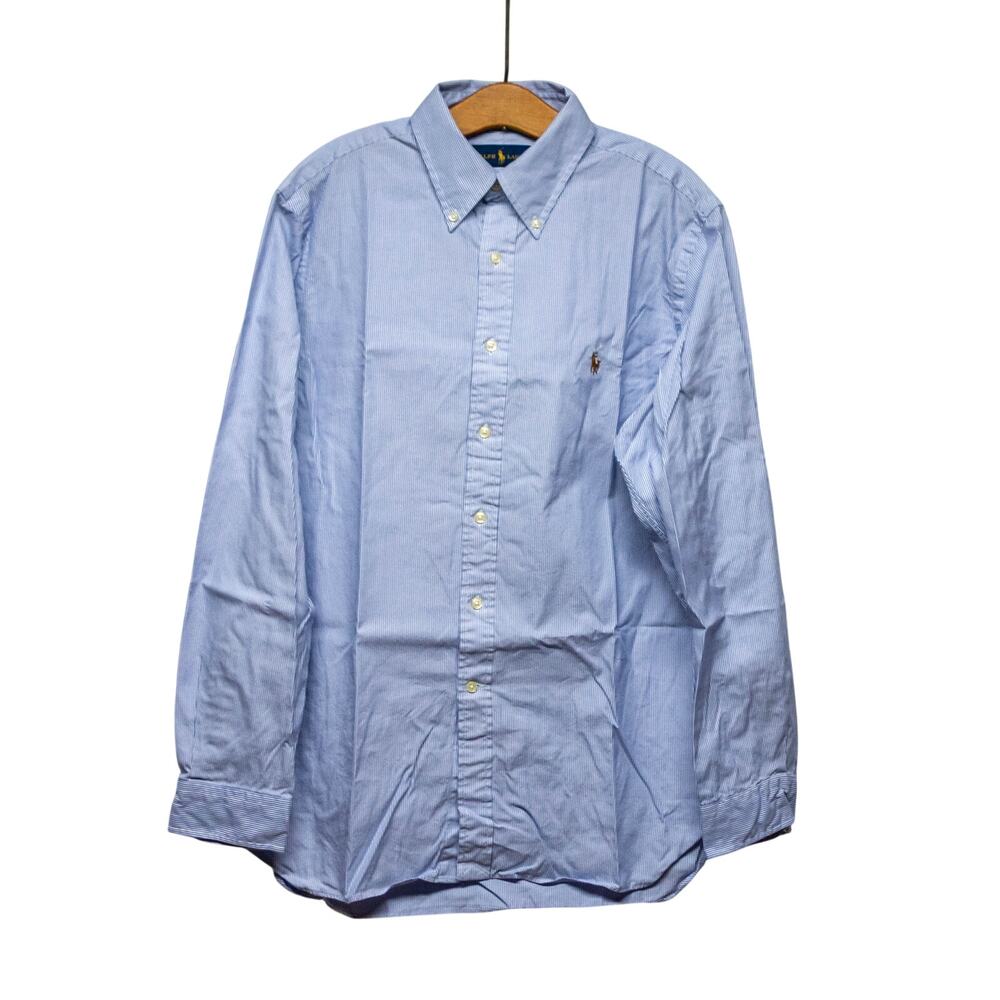 Men's RALPH LAUREN Button Up Cotton Size 16 34/35 Blue White Striped Dress Shirt